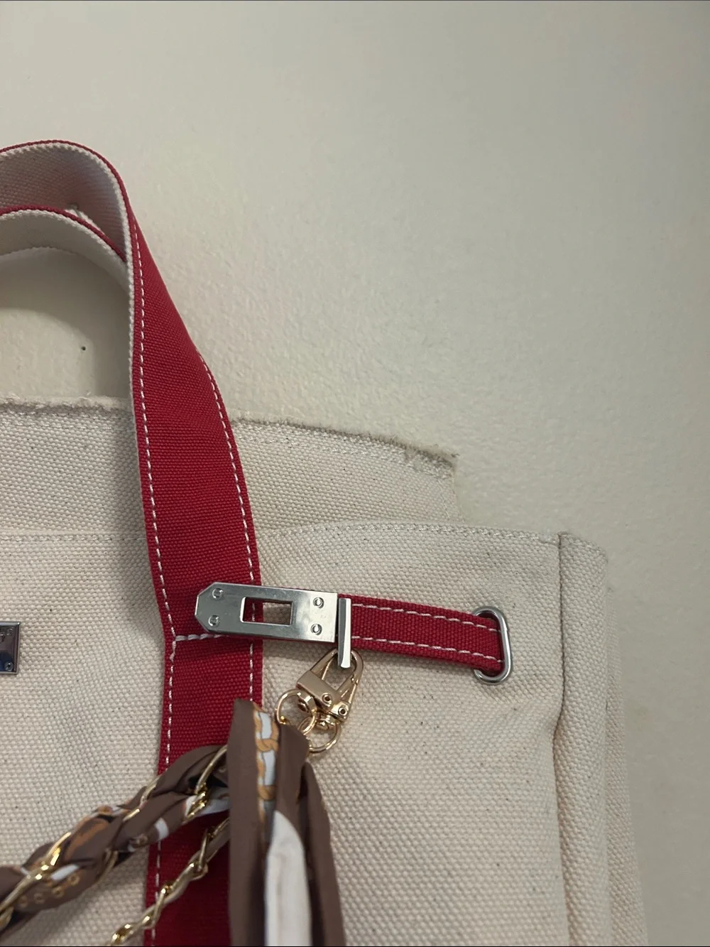 Boatkin Canvas Tote Bag with Red Trim and Tassel and chains